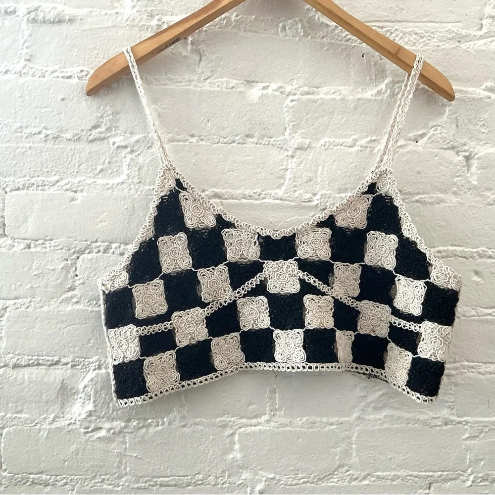 Love J Top Womens Crochet Cropped Tank Cream Black Granny Square Boho Festival - Picture 7 of 11
